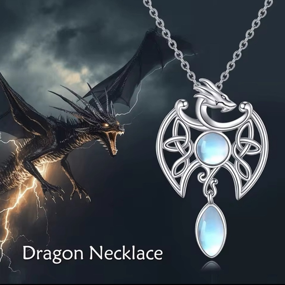 925 Sterling Silver Celtic Norse Dragon Design Necklace With Moonstones